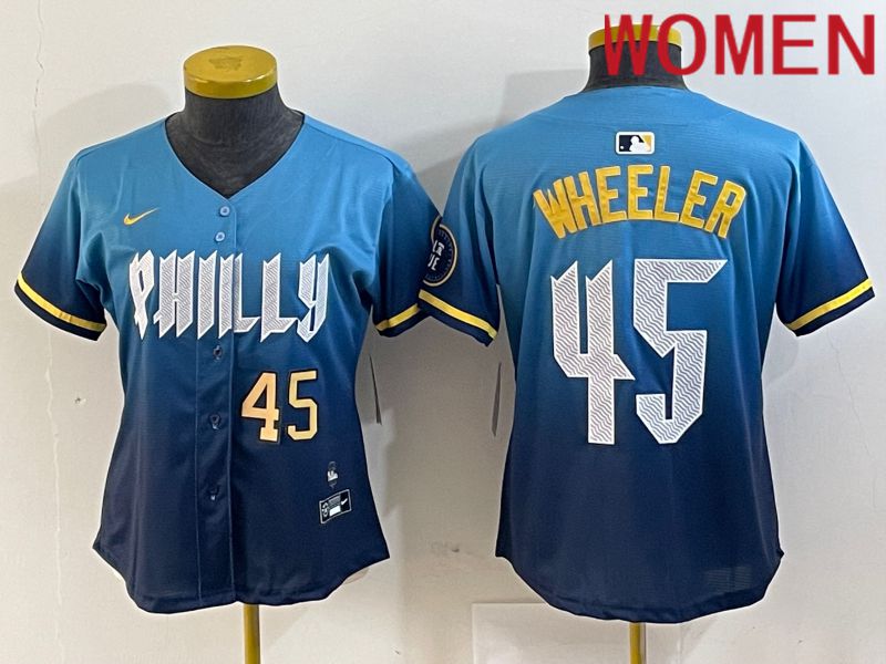 Women Philadelphia Phillies 45 Wheeler Blue City Edition Nike 2024 MLB Jersey style 3